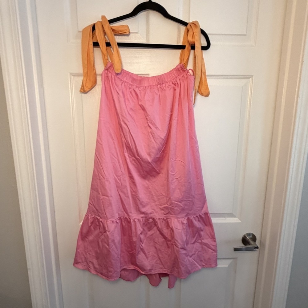 Antonio Melani Dress Pink Orange 4 Tie Shoulder Ruffle‎ Hem Summer Vacation Boho